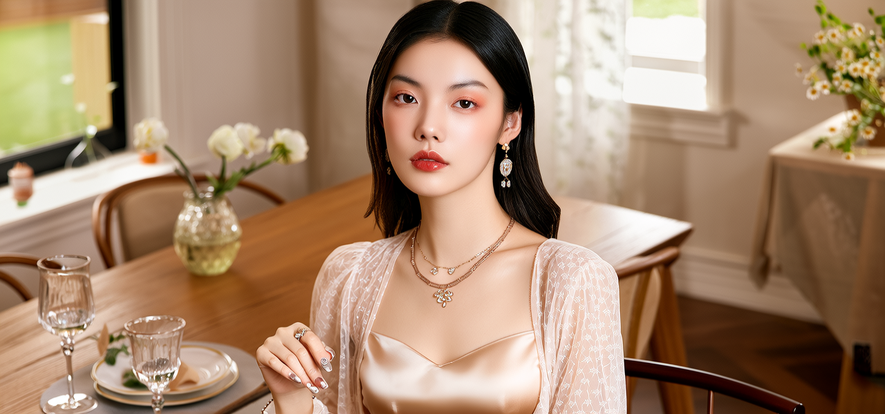 生活瞬间，美女，韩系美女，丝绸，美妆广告，家庭餐桌，4K超清，写实风格，温馨，柔和室内光，细腻皮肤，项链，耳环，手链。